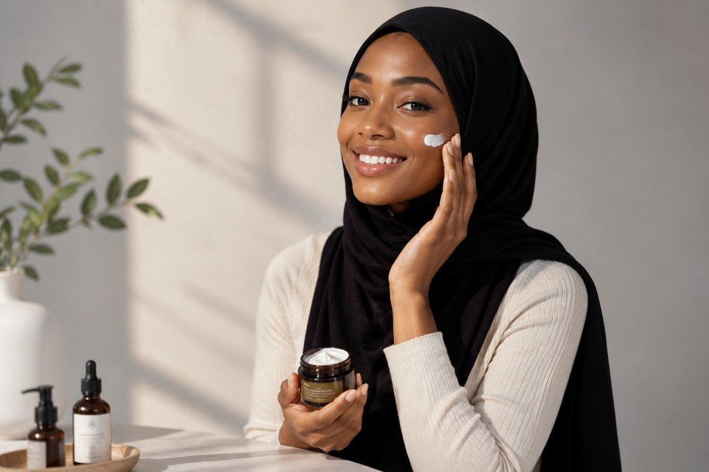Femme appliquant une crème ÉCLAT, flacon en verre ambré sur une table lumineuse